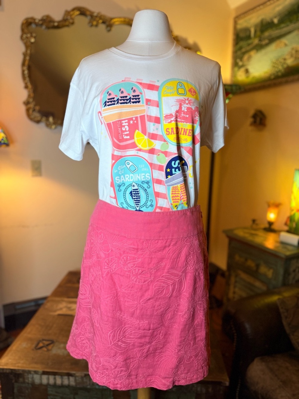 cute graphic T-shirt with Pink Embroidered linen A-Line Skirt-summer ready